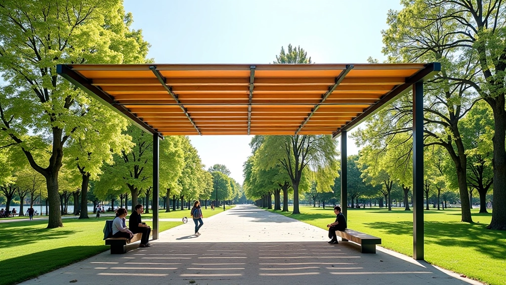 Moderni šešėlio konstrukcija, metalinė struktūra, šešėlis, lankstūs stulpai, žmonės šešėlyje