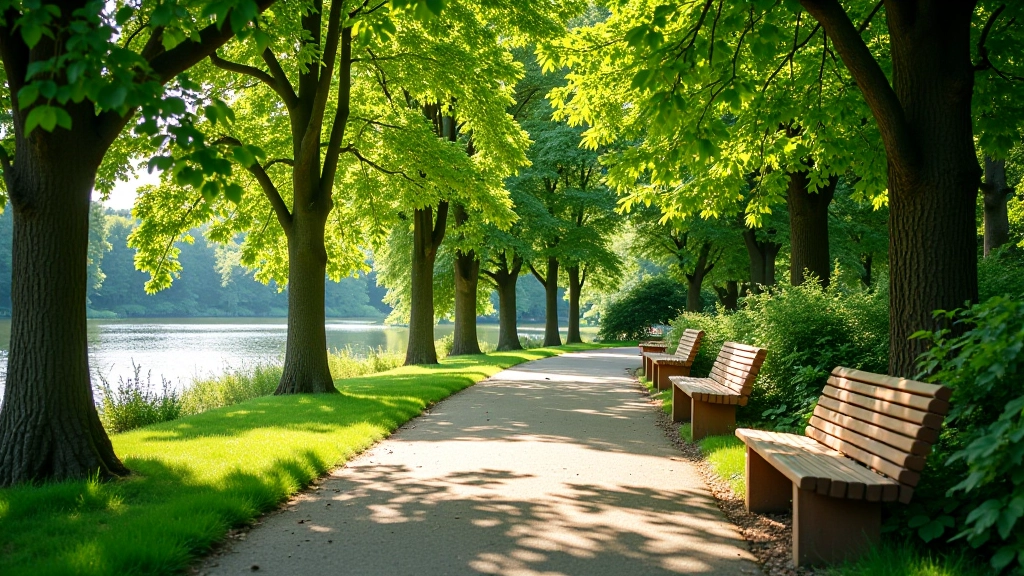Grupė medinių suolų parkų takelių šone, šešėlis nuo medžių, žmonės sėdi ir poilsiauja