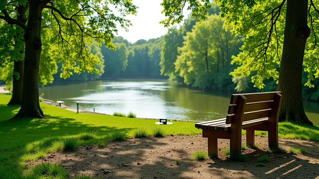 Suolas parkų aplinkoje, upės vaizdas, poilsio vieta su peizažu